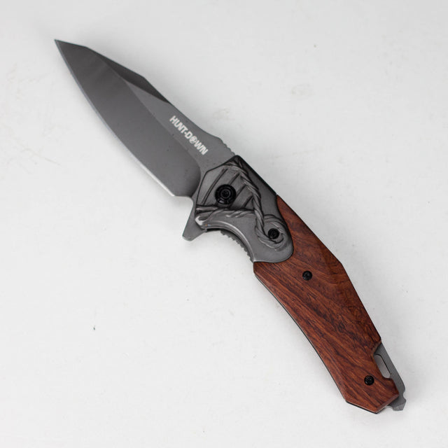 Hunt-Down | 8" Titanium Coated Finish Blade Ball Baring Folding Knife With Leather Sheath [14392] Folding Knife Canadian Distributor