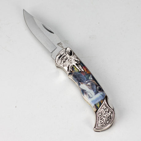 TheBoneEdge | 7" Wolf Design Pattern Handle Classic Folding Knife [14310] Folding Knife Canadian Distributor