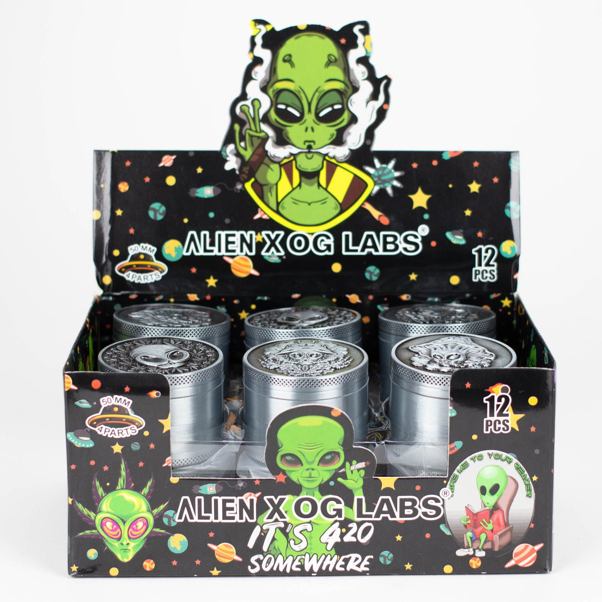 2" Metal Grinder 4 Layers with Alien Design Box of 12