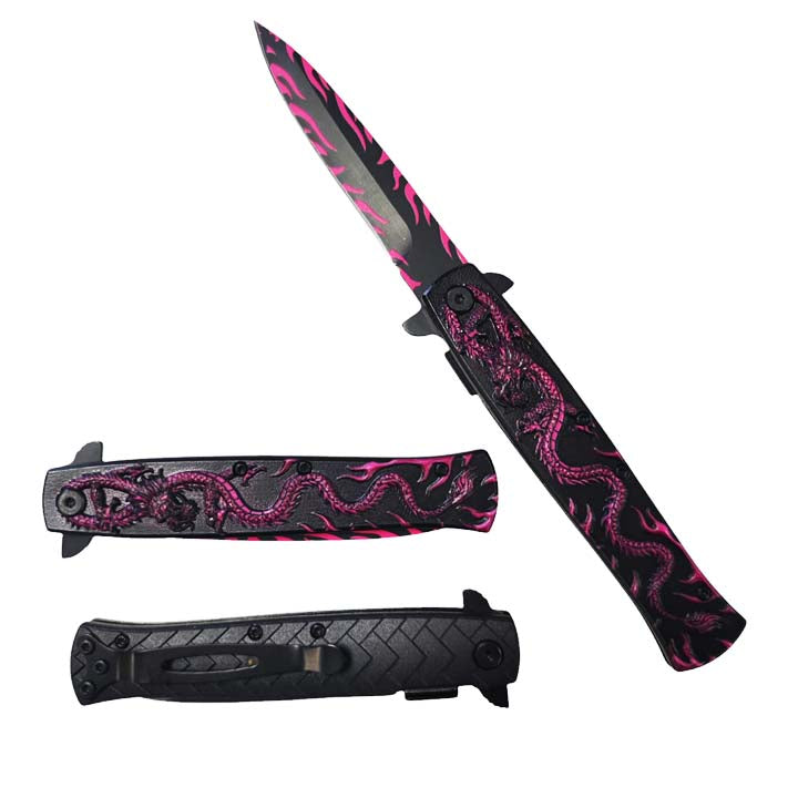 8"  Pocket Knife Pink Dragon Handle_0