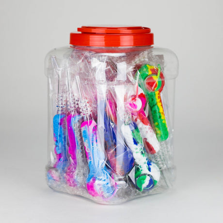 6″ Silicone Handpipe Jar – 20 Assorted Pieces with Glass Bowls & Straw [ES108HP]