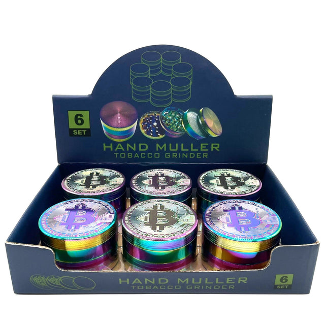 Bitcoin Grinder 4-Part – 63mm Premium Metal Herb Grinder (Box of 6) Display Pack NIBO Distribution