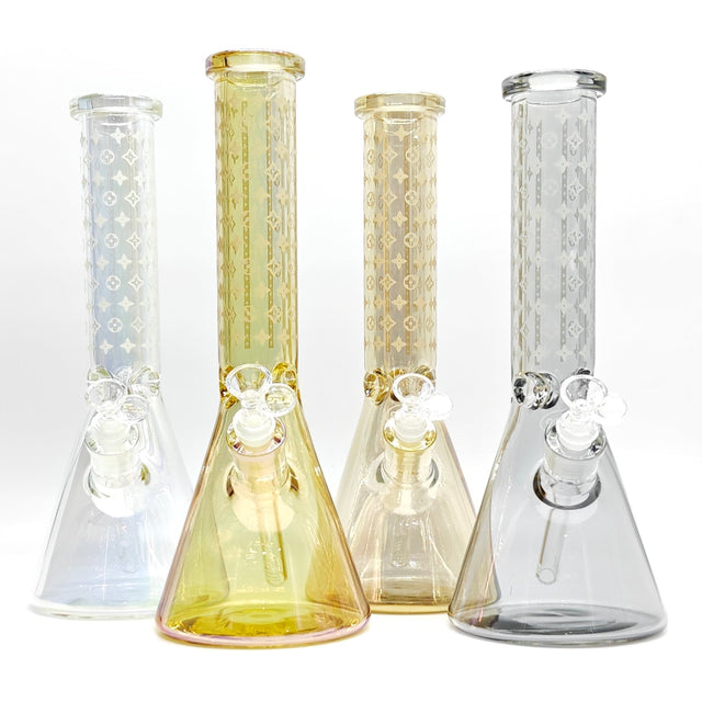 14" Electroplated Etched Monogram Design 9mm Glow in the Dark Beaker [LV145009] Glass Bong Super Supplys Inc