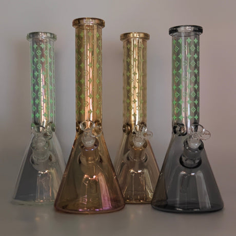 14" Electroplated Etched Monogram Design 9mm Glow in the Dark Beaker [LV145009] Glass Bong Super Supplys Inc
