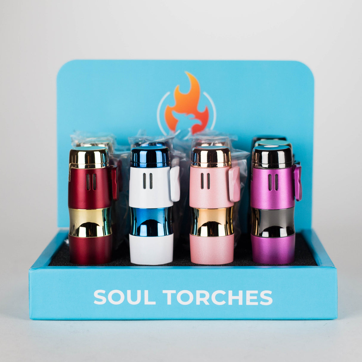 Soul Torch | Multi Color Torch Lighter – 12 Count Display [1812] | 3-Jet Flames & Cigar Punch Torch Canadian Distributor
