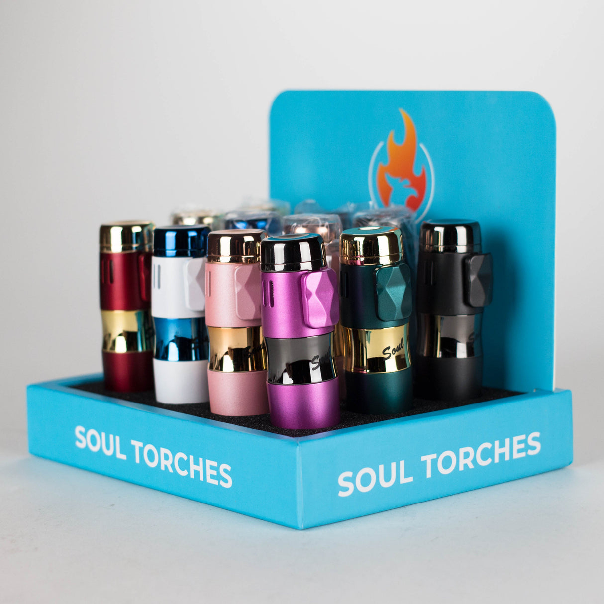 Soul Torch | Multi Color Torch Lighter – 12 Count Display [1812] | 3-Jet Flames & Cigar Punch Torch Canadian Distributor