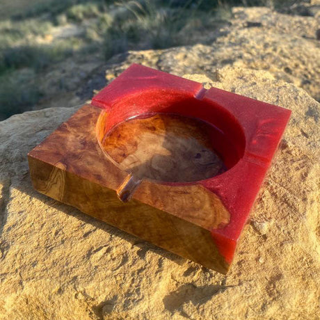 Olive Wood Orange Epoxy Ash Tray – Handcrafted Tunisian Ashtray, Resin & Olive Wood Collector’s Piece Resin Ashtray Variety Olive Wood Red