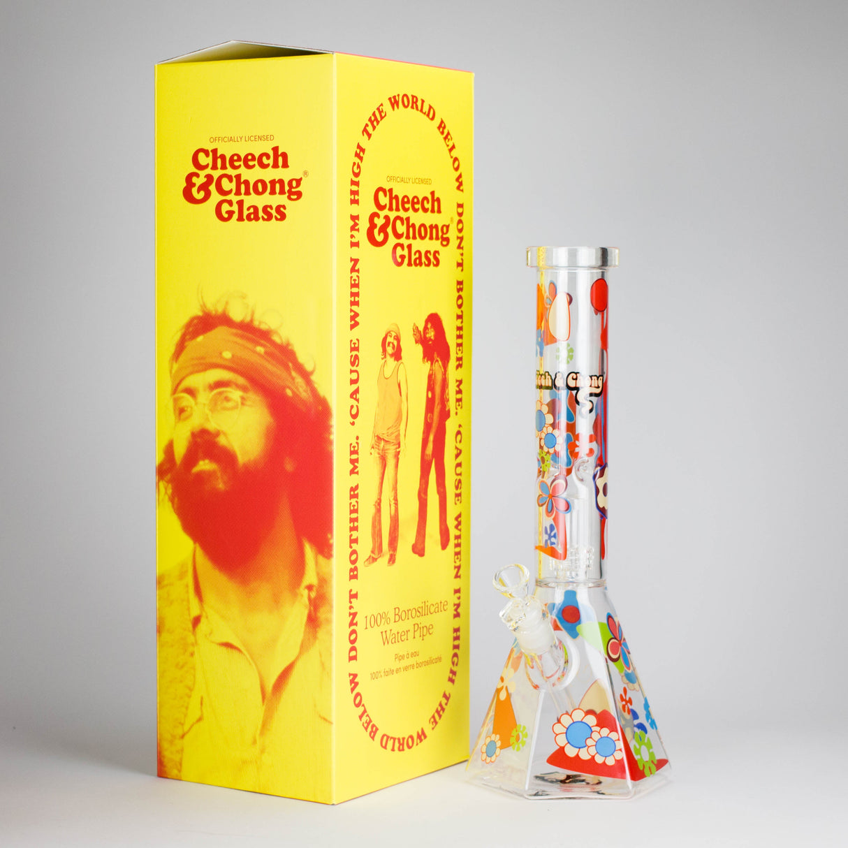 Cheech & Chong® Glass | 15" Tall Clear Power To The Flower Dual Chamber Hex Beaker Base Water Pipe Glass Bong West Coast Gifts