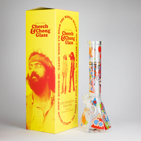 Cheech & Chong® Glass | 15" Tall Clear Power To The Flower Dual Chamber Hex Beaker Base Water Pipe Glass Bong West Coast Gifts