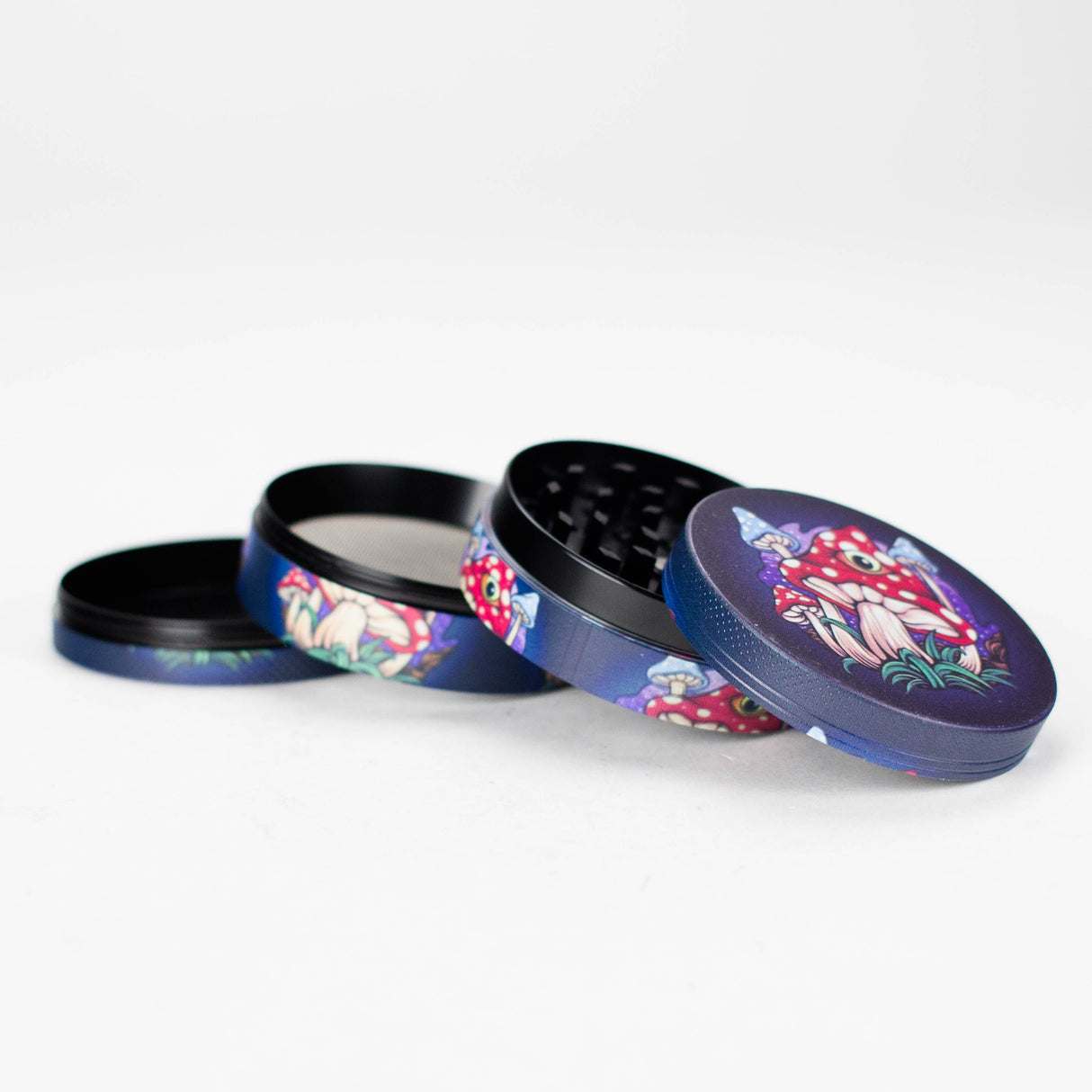 2.5" 4-Layer Metal Herb Grinder with Magic Mushroom Design – Box of 6 Display Pack 777 Smoke