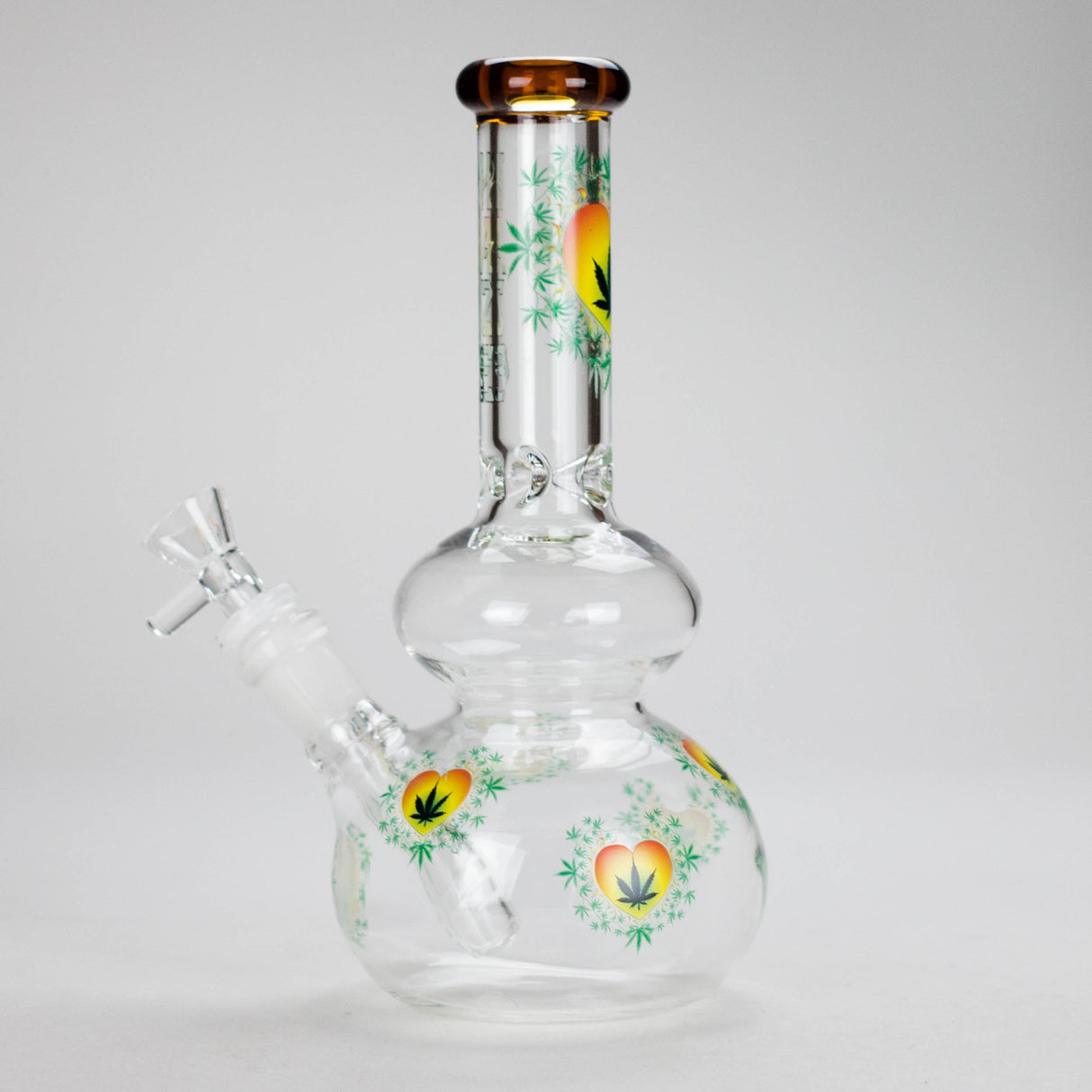 Haze | 9″ Heart Leaf Double Bubble Base Glass Bong with Color Lip – Amber (Mini-U) Glass Bong Canadian Distributor