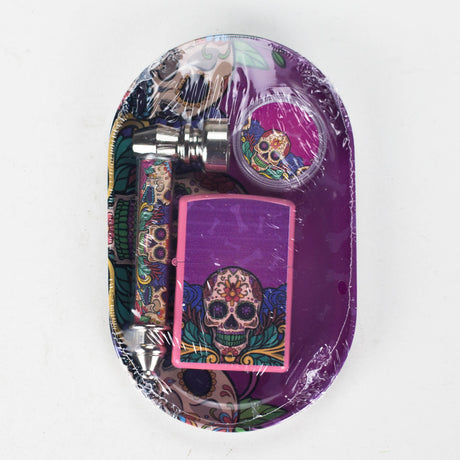 Metal Pipe & Lighter Gift Set – Includes Zippo-Style Lighter, Grinder & Tray Metal Pipe 777 Smoke Sugar Skull