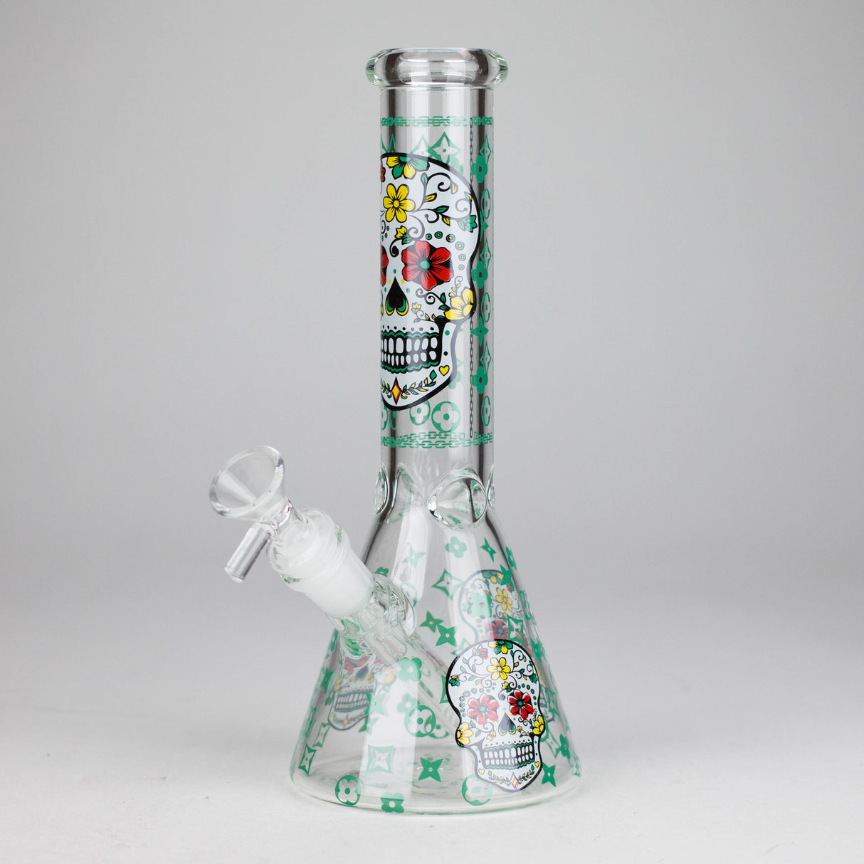 10" Sugar Skull Design Glass Beaker Bong Glass bong 777 Smoke Green