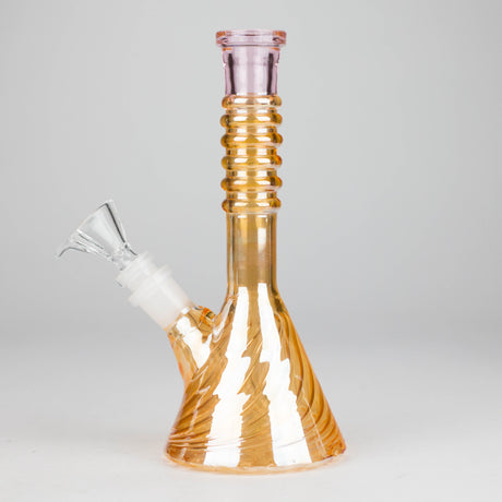 8" Shiny Beaker Bong 6 Rings Mouth Ring with Handle Slide, Color Amber Glossy and Rainbow Glass Bong HALLO GLASS