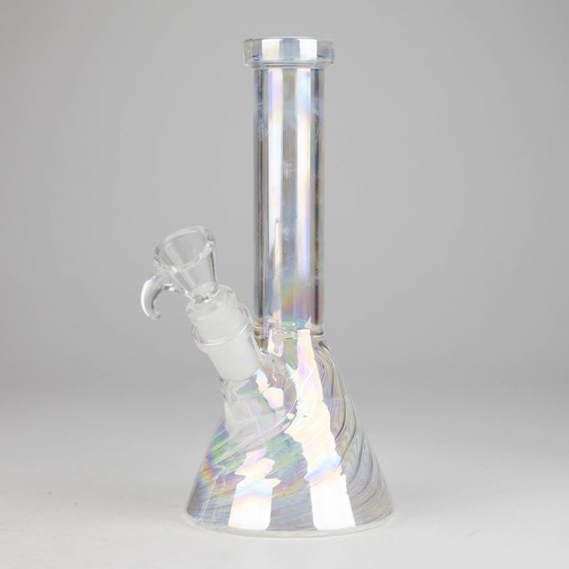8" Shiny Beaker Bong with Ribbed Base, Color Amber Glossy and Rainbow Glass Bong HALLO GLASS