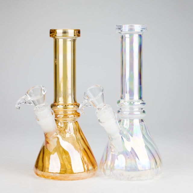 8" Shiny Beaker Bong Double Ring with Handle Slide, Glass Bong HALLO GLASS