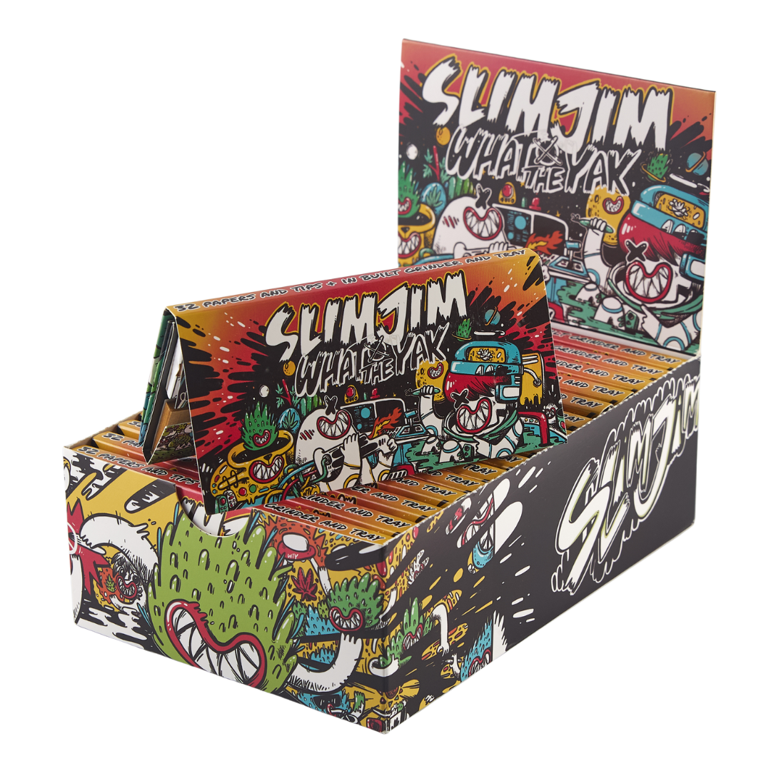 Slimjim X What The Yak - Rolling Paper + Tips & Grinder + Tray Pack (Box of 16) 1 - 1/4" Size SLIMJIM