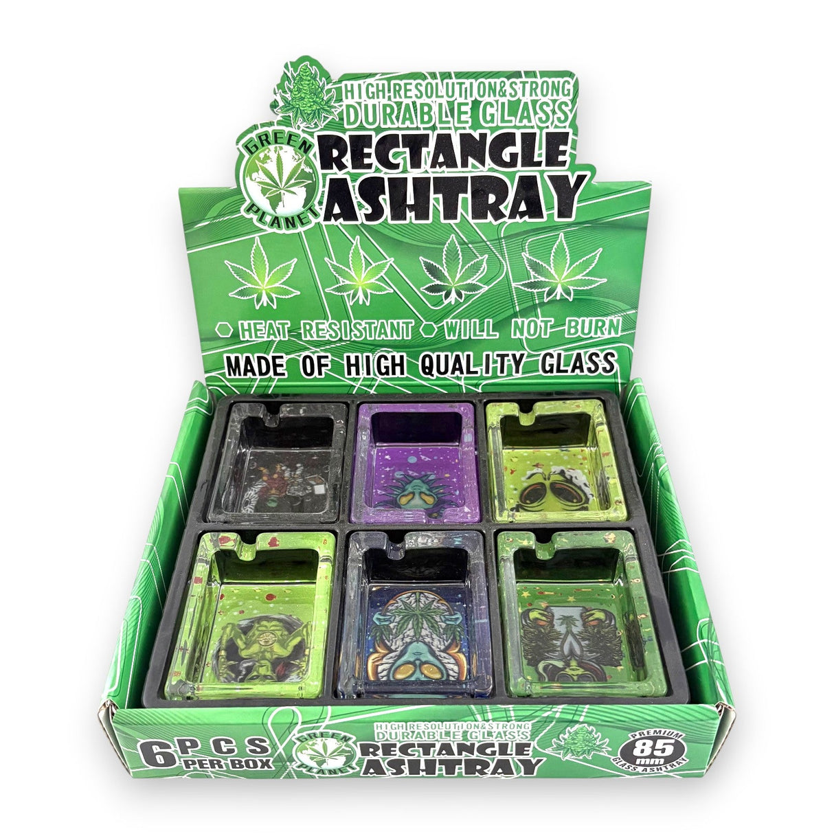 Green Planet Rectangle Glass Ashtrays – 6 Pack Display (85mm)
