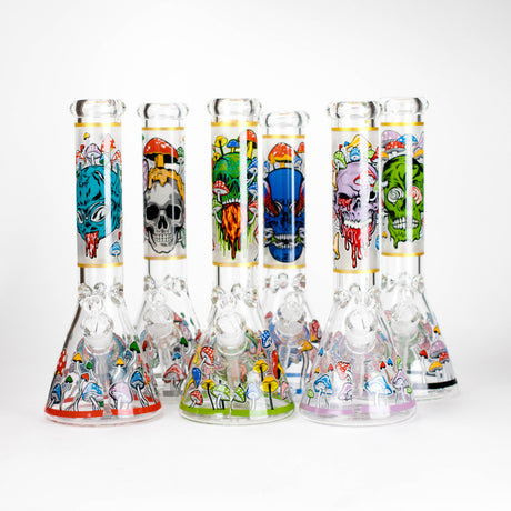 14" Mushroom Skull Design 7mm Thick Heavy Duty Glass Beaker Bong - Glow in the Dark Glass Bong 777 Smoke