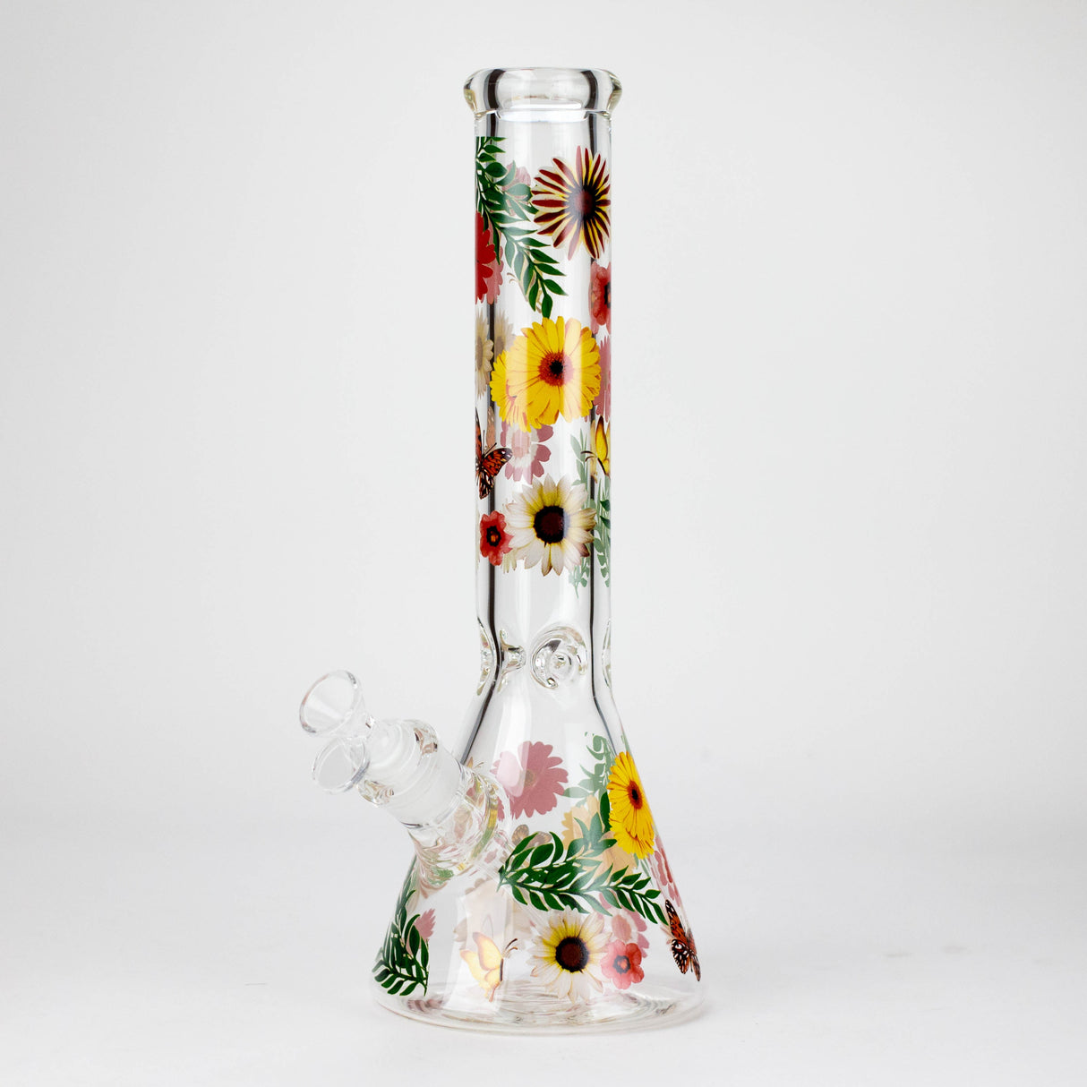 14" Flower and Butterfly Design 7mm Thick Heavy Duty Glass Beaker Bong
