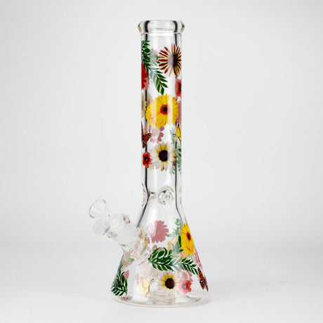 14" Flower and Butterfly Design 7mm Thick Heavy Duty Glass Beaker Bong