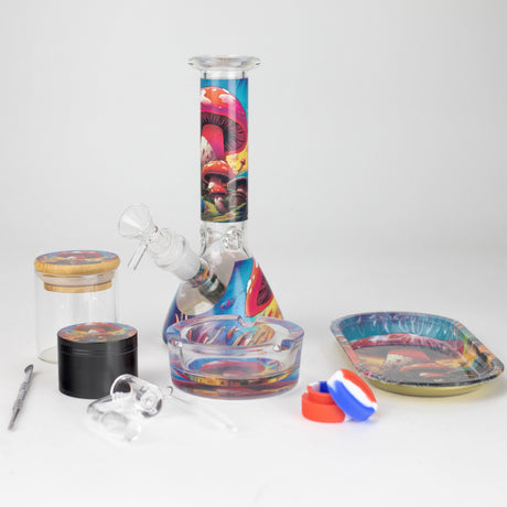 10-in-1 Mushroom Design Smoke Set Complete Smoking Kit with 8" Glass Bong Bundle 777 Smoke