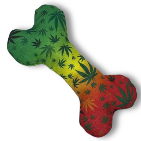 Stoned to da Bone, Rasta Marijuana Leaf Patten - Squeaky Bone Dog Toy - 8" For Pet PAW20