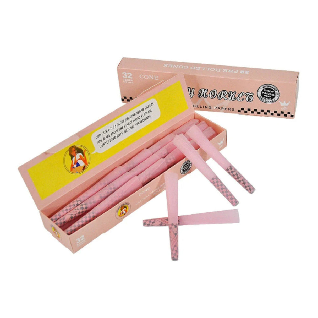 Lady Hornet Pink Pre-Rolled Cones – 78mm | Natural Unrefined Rolling Papers - 32 packs 1 - 1/4" Size Super Supplys Inc