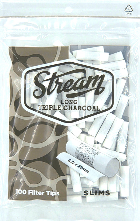 STREAM | Slims Long Triple Charcoal RYO Filters Display Carton - 10 Bags (Charcoal Type) Filter Tip STREAM
