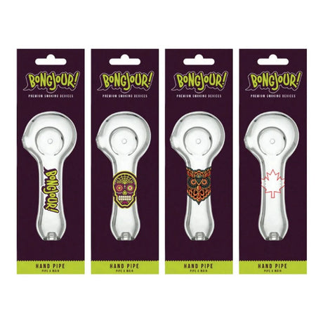 Bongjour!™ | 3.75" Clear Hand Pipe w/Decal (Assorted Decal 8 Pack) Glass Pipe West Coast Gifts
