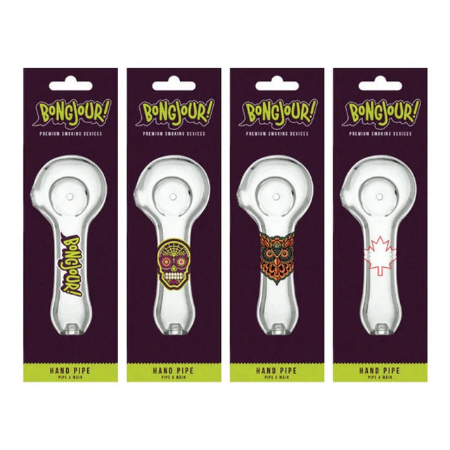 Bongjour!™ | 3.75" Clear Hand Pipe w/Decal (Assorted Decal 8 Pack) Glass Pipe West Coast Gifts