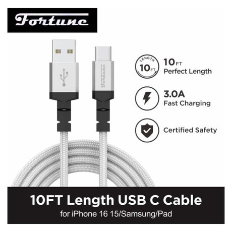 Fortune | 10ft USB-A to USB-C Braided Fast Charging Cable – 3A Charging Cable · Accessory Fortune