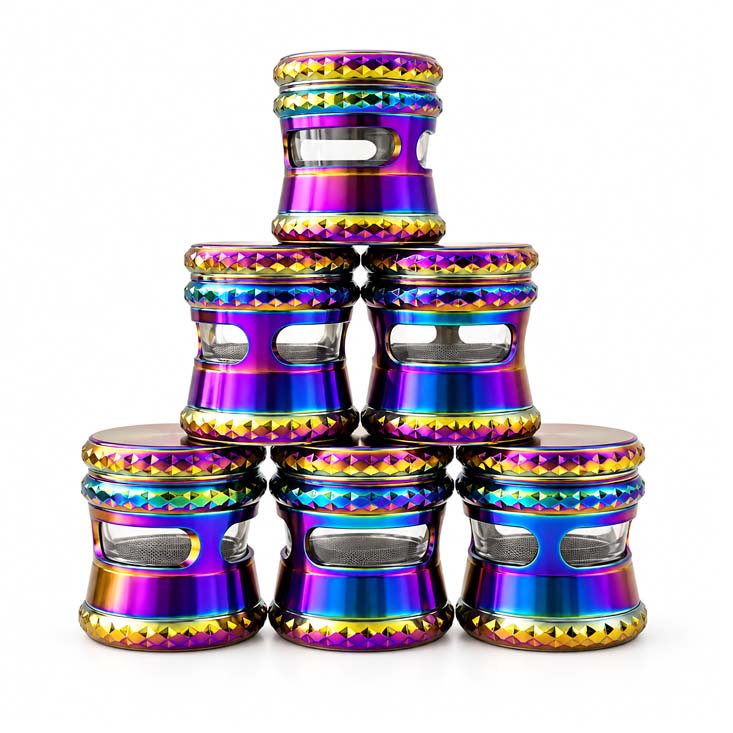 60mm 4-Piece Rainbow Window Zinc Alloy Grinder – 6-Piece Display Display Pack Super Supplys Inc