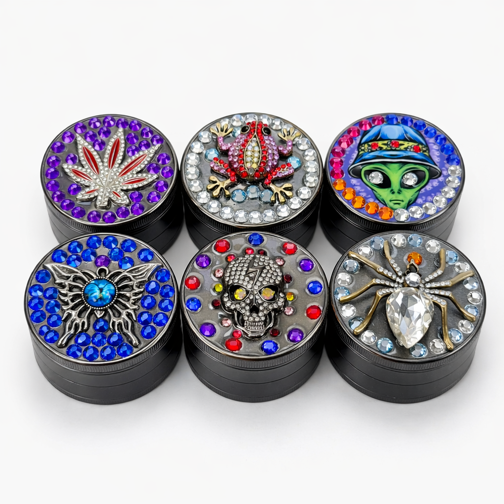 Genie | 4-Part 63mm 3D Decorative Grinder with rhinestones – Box of 6 [GR63] Regular Grinder BB Canada Design A