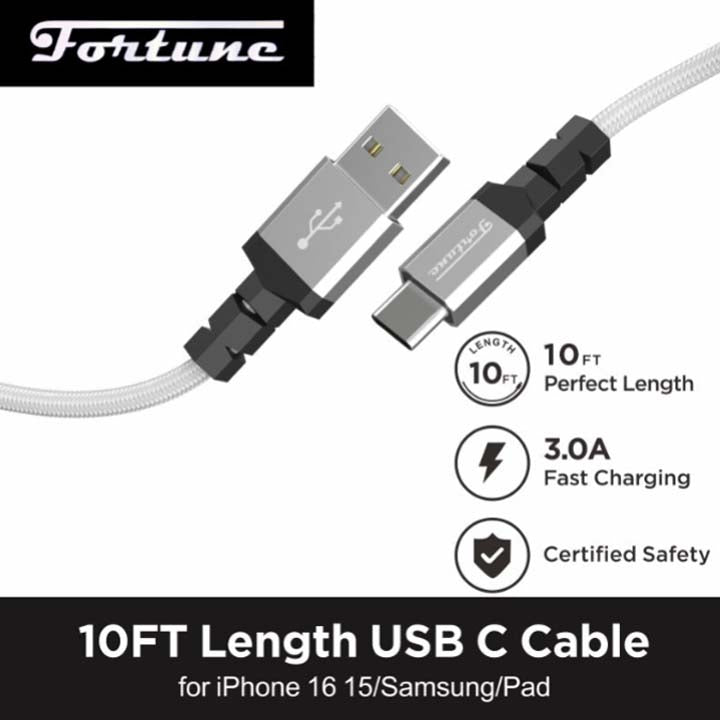 Fortune | 10ft USB-A to USB-C Braided Fast Charging Cable – 3A Charging Cable · Accessory Fortune