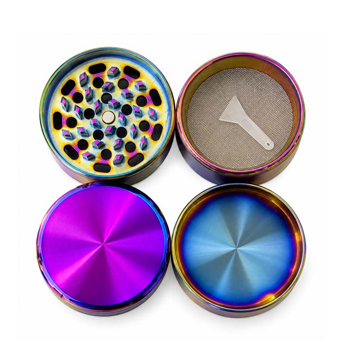 63mm Rainbow Electroplated 4-Part Metal Grinder – 6 PCS Display Display Pack Super Supplys Inc