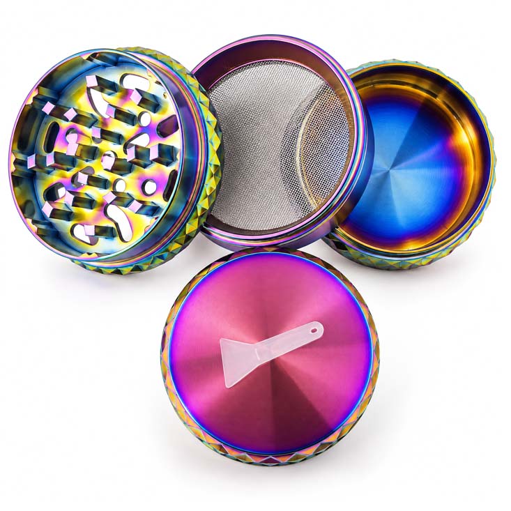 59mm 4-Piece Rainbow Diamond-Cut Zinc Alloy Grinder – 6-Piece Display Display Pack Super Supplys Inc
