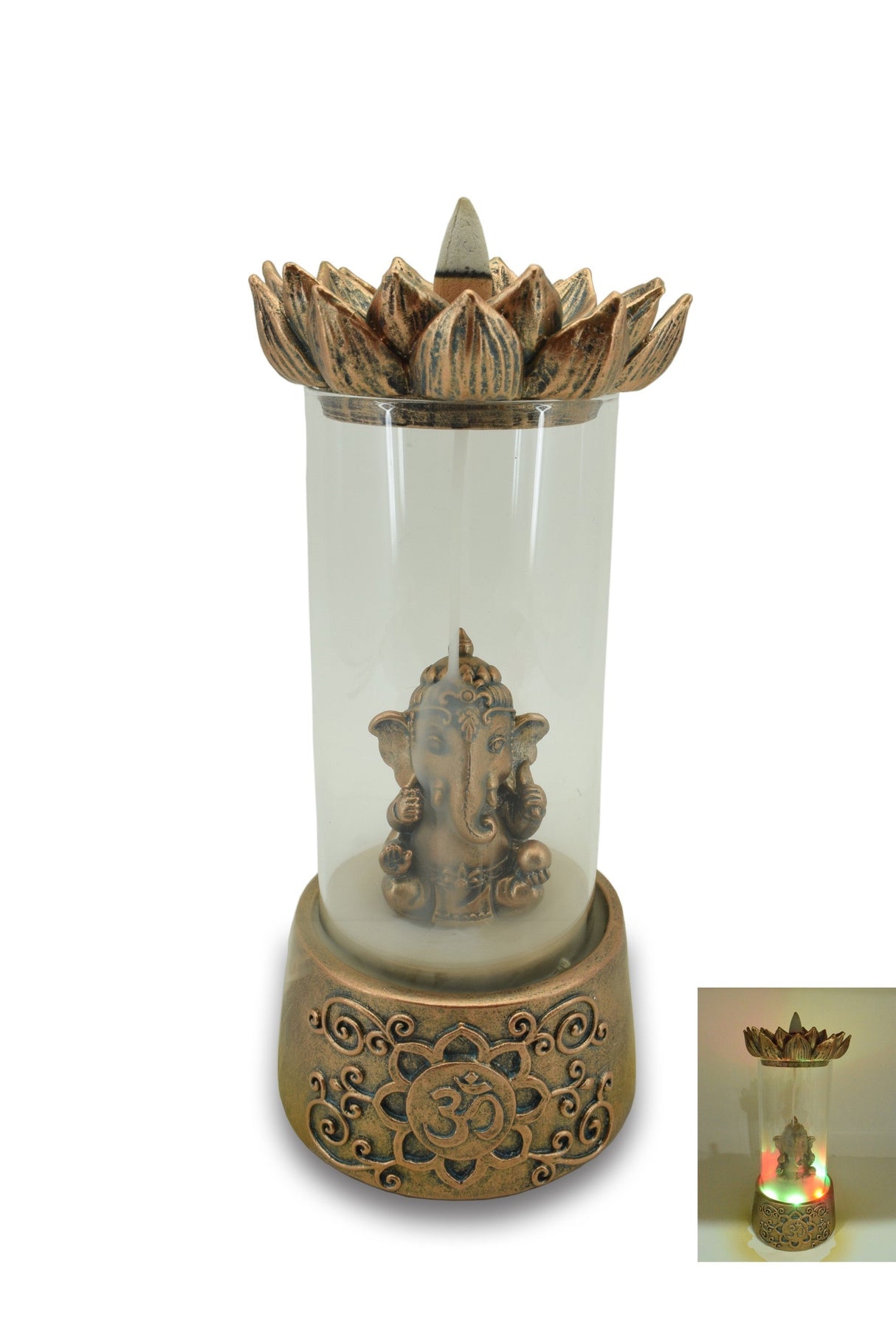 Zenn | Backflow Incense Burner Incense Holder SunGlow Ganesh With Lotus in Glass Stand Led