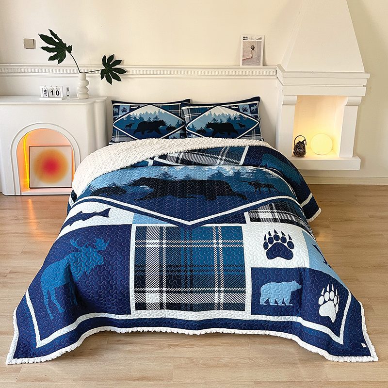 Lodge Collection Sherpa Lined 3pcs Queen size quilt bed set [6260] Blanket Canadian Distributor Wild Retreat Blue