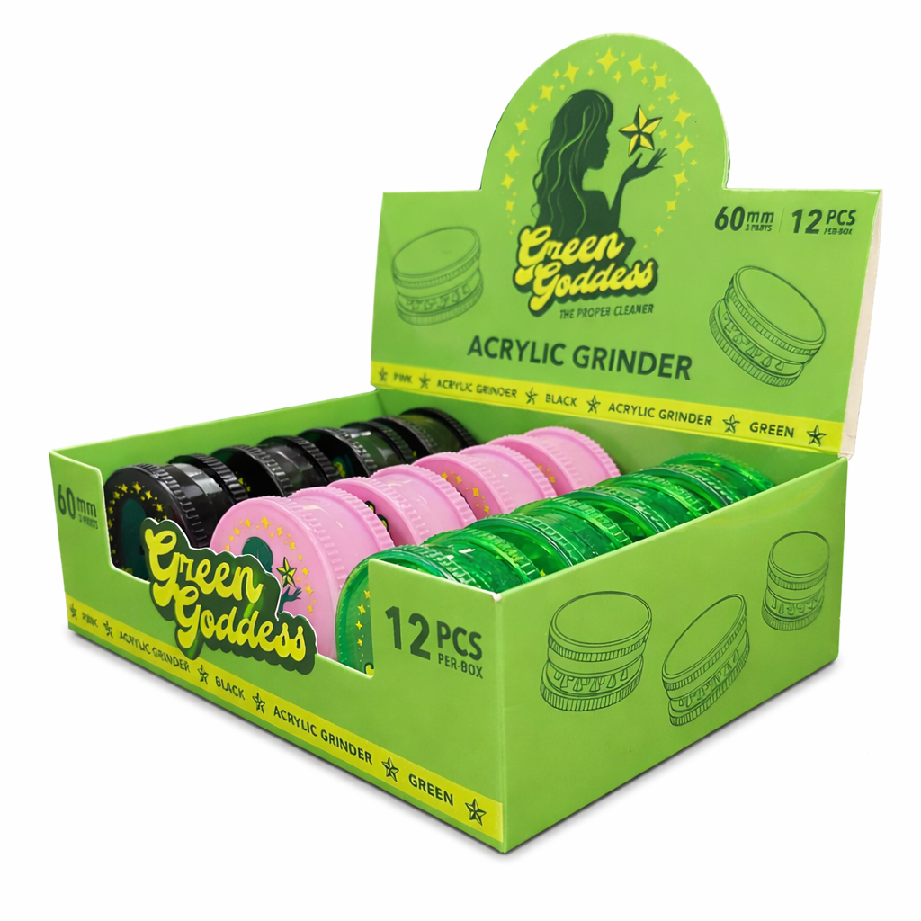 Green Goddess | Acrylic 3-Part Grinder-Pink/Black/Green– 60mm (12 PCS) Display Pack B Movin Distribution