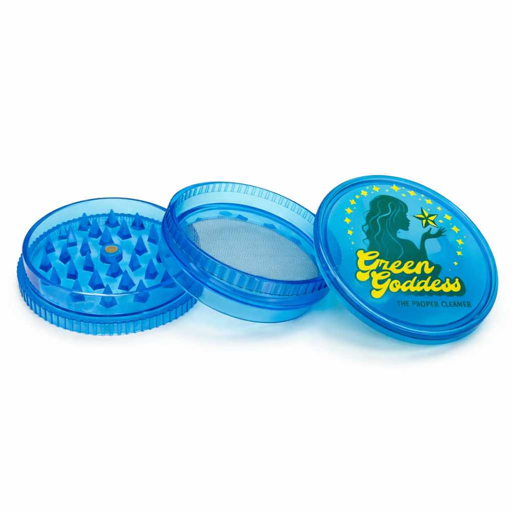 Green Goddess | Acrylic 3-Part Grinder-Blue/Clear/Red – 60mm (12 PCS) Display Pack B Movin Distribution
