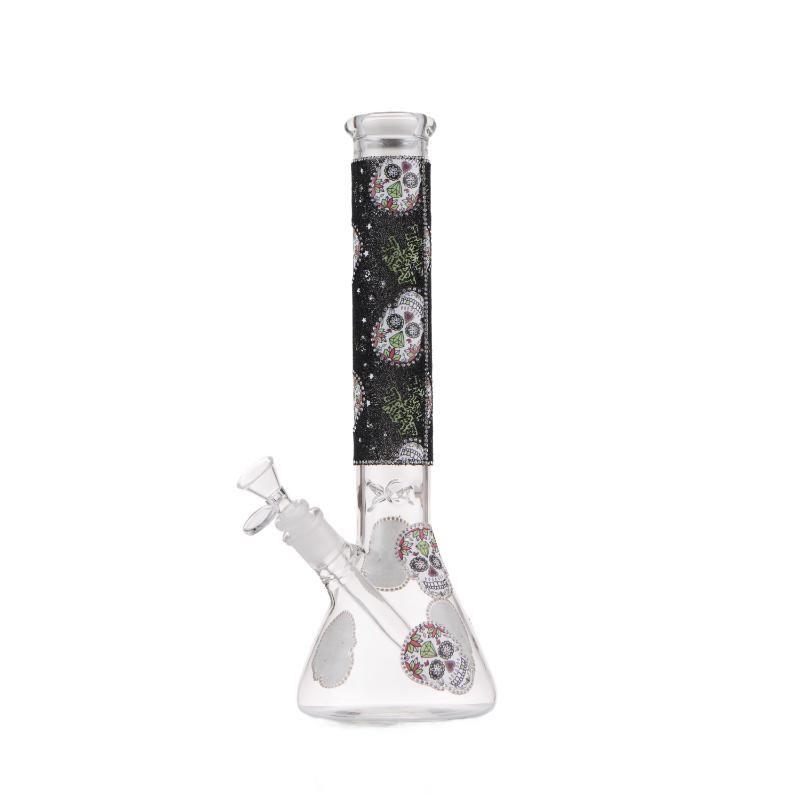 14" Graphic with cubic zirconia decor glass beaker water bong [AK19-308I] Glass Bong Canadian Distributor