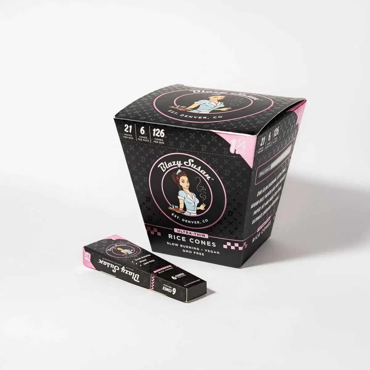 Blazy Susan | Ultra Thin Rice Pre-Rolled Cones – 1 ¼ Size (21 packs) Pre-rolled Cone (Display Pack) Smoking Cat Distribution