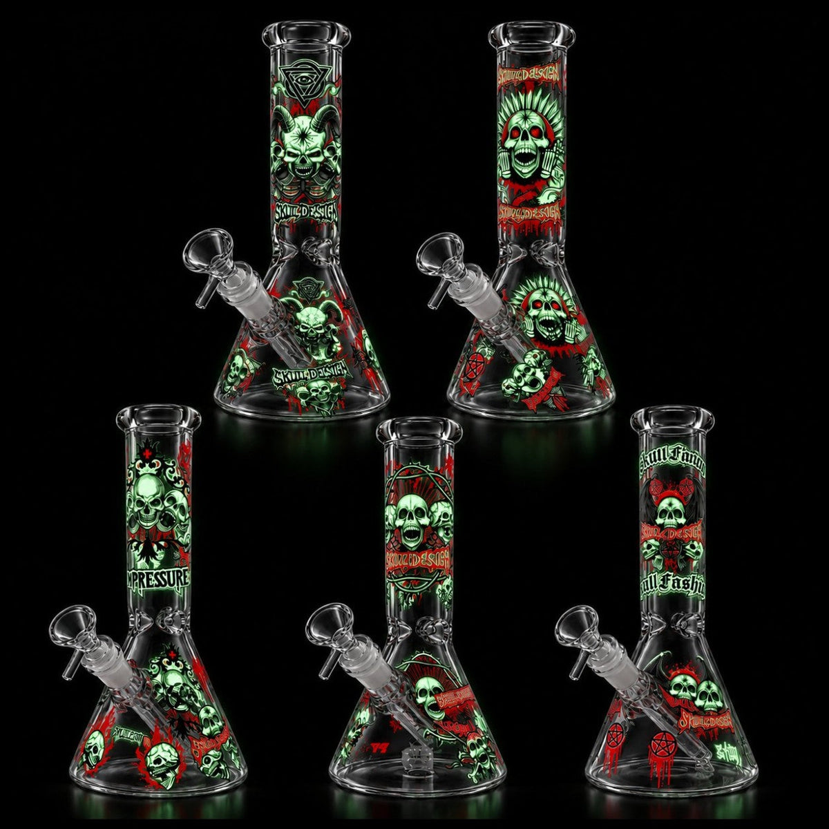 10" Glow-in-the-Dark Skull Graphic Beaker Glass Bong Super Supplys Inc