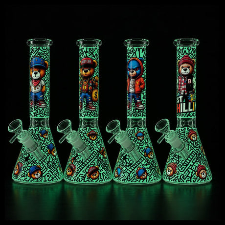 10" Graffiti Bear Glass Beaker - Glow in the Dark Glass Bong Super Supplys Inc