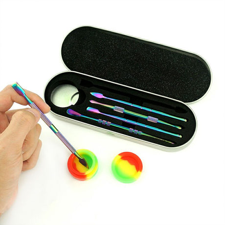 6 Pcs 440 Stainless Steel Dabber Tool Set with silicone jar-Rainbow [SMKE-103] Bongs Accessories Canadian Distributor