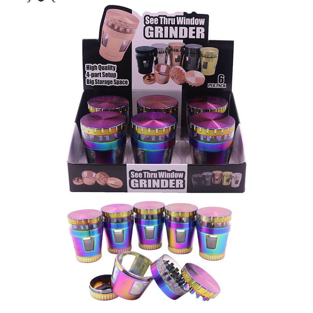 4-Part 50mm See-Thru Window Metal Herb Grinder [SMKZ123-4] Display Pack Canadian Distributor Rainbow