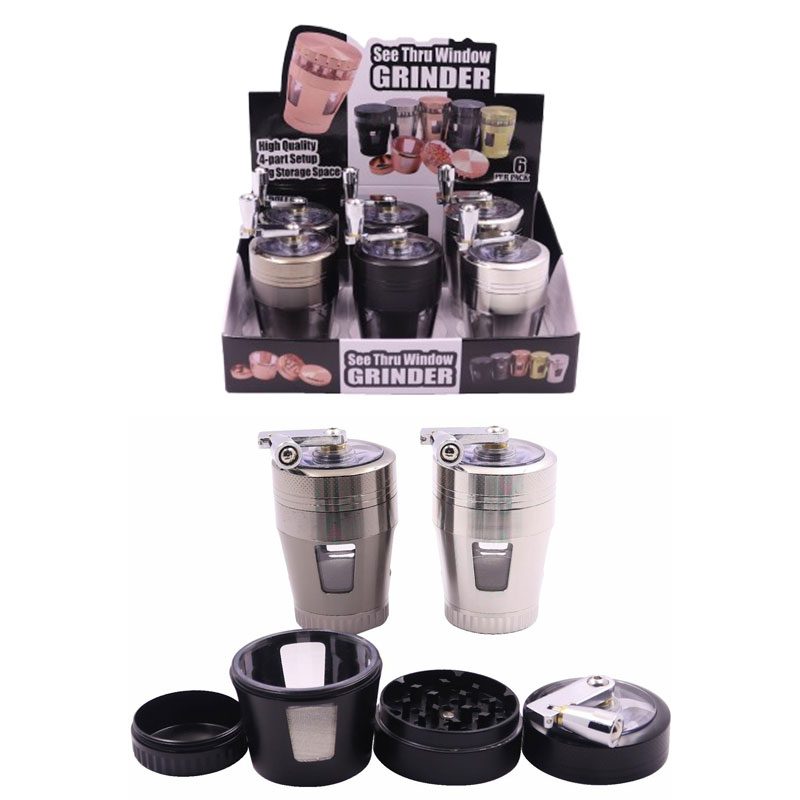 4-Part 50mm Metal Herb Grinder with Top Gear Handle & See-Thru Window – 6pcs/Display [SMKZ125]