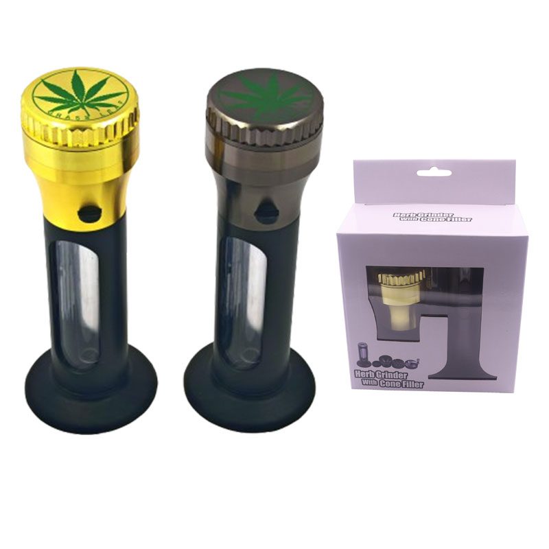 4-Part 50mm 2-in-1 Metal Herb Grinder with Cone Filler – 6pcs/Display [SMKZ126/7] Herb Saver Grinder Canadian Distributor Gold& Grey