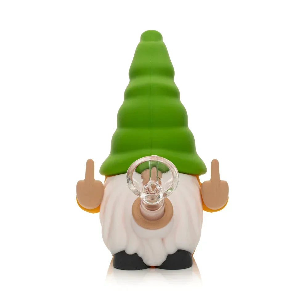 Lit Silicone 6" Give No Fux Gnome Water Pope with glass bowl Bongs Smoking Cat Distribution Green and Yellow